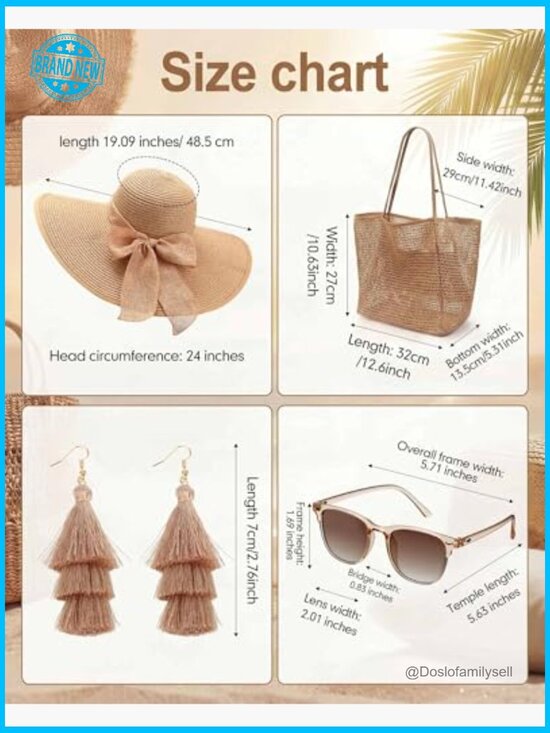 Bohemian Summer Accessories Set Straw Hat Mesh Tote Sunglasses Earrings main image 4